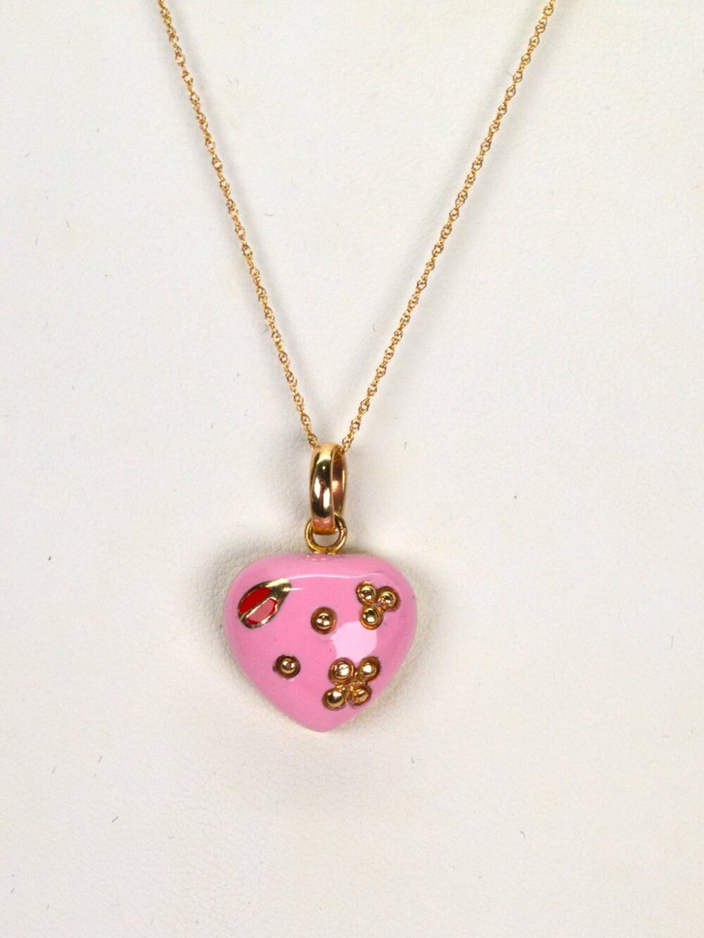 14K Yellow Gold Necklace Puffy Pink Enamel Heart w Ladybug w Gold Accents 17.5"